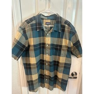 Patagonia Shirt Blue Tan Plaid Organic Cotton Short Sleeve Button Down XL